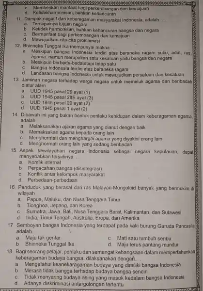 prexixxex c. Memberikan manfaat bagi perkembangan dan kemajuan d. Ketidakharmonisan, bahkan kehancuran 11. Dampak negatif dari keberagaman masyarakat Indonesia, adalah __ a. Tercapainya tujuan