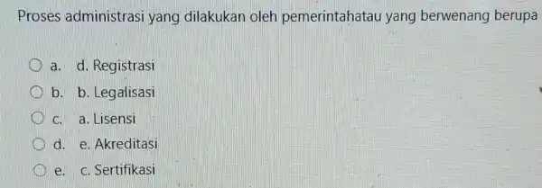 Proses administrasi yang dilakukan oleh pemerintahatau yang berwenang berupa a. d. Registrasi b. b. Legalisasi c. a. Lisensi d. e. Akreditasi e. c. Sertifikasi