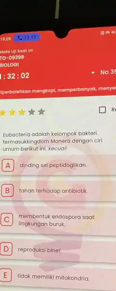 R Eubacteria adalah kelompok bakteri termasukkingdom Monera dengan ciri umum berikut ini kecuali A dinding sel peptidoglikan. A B tahan terhadap antibiotik. B C