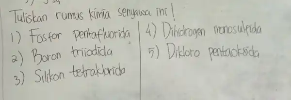 rumus kimia senyawa ini! 1) Fosfor pentafluorida 4) Dihidrogen monosulfida triiodida 5) Dikloro pentaoksida tetrakbrida