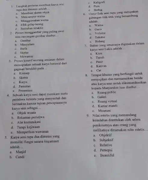 rupa dua dimensi adalah __ a. Membuat sketsa objek b. Mencampur warna c. Menggoreskan warna d. Efek gelap terang e. Sentuhan terakhir 2. Proses