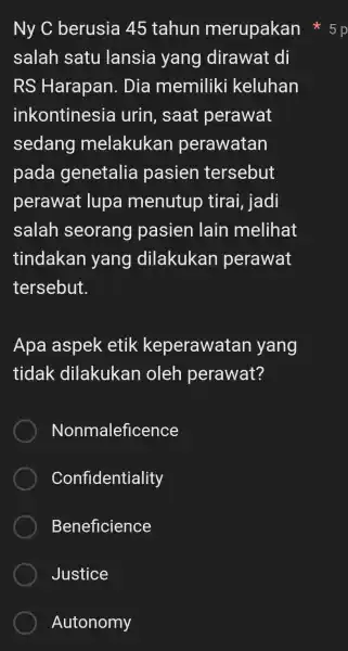 salah satu lansia yang dirawat di RS Harapan . Dia memiliki keluhan inkontinesia urin, saat perawat sedang melakukan perawatan pada genetalia pasien tersebut perawat