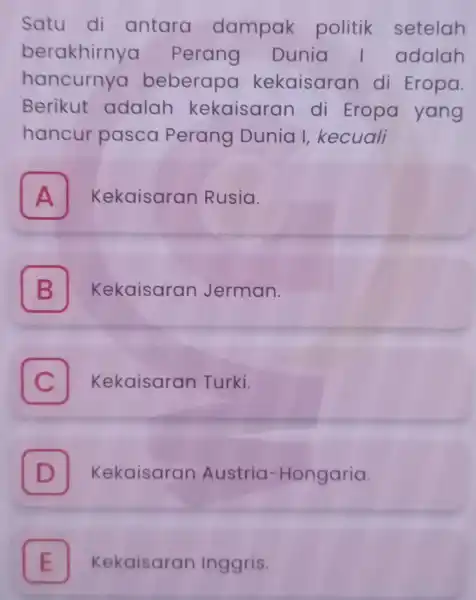 Satu di antara dampak politik setelah berakhirnya Perang Dunia adalah hancurnya beberapa kekaisarar di Eropa. Berikut adalah kekaisaran di Eropa yang hancur pasca Perang