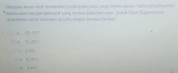 Sebagian besar obat teroksidasi/rusak pada suhu yang terlalu panas Suhu penyimpanan disesuaikan dengan petunjuk yang tertera pada kemasan. Untuk Obat Suppositoria disarankan untuk disimpan