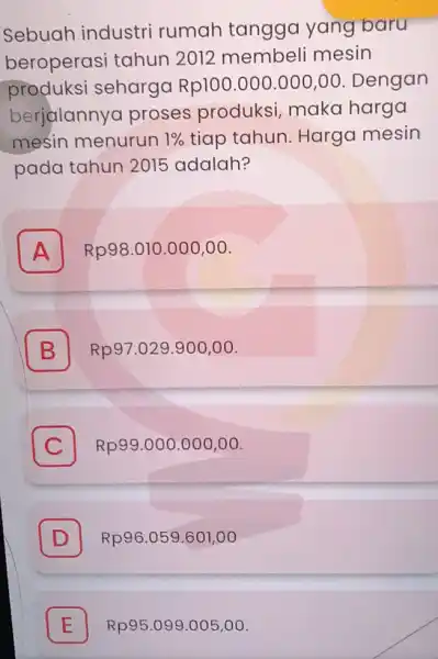 Sebuah industri rumah tangga yang baru beroperasi tahun 2012 membeli mesin produksi seharga Rp100 .000.000,00 . Dengan berjalannyo proses produksi, maka harga mesin menurun