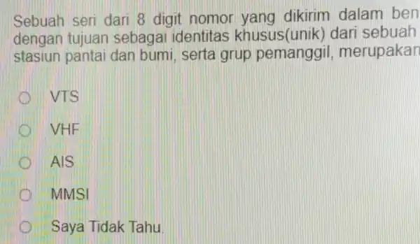 Sebuah seri dari 8 digit nomor yang dikirim dalam ben dengan tujuan sebagai identitas khusus(unik)dari sebuah stasiun panta dan bumi, serta grup pemanggil,merupakan VTS