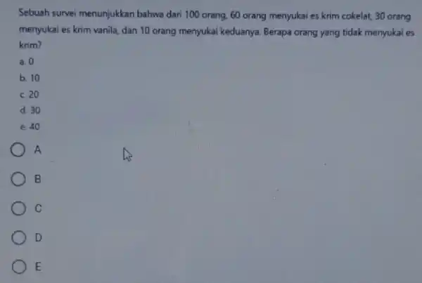 Sebuah survei menunjukkan bahwa dari 100 orang, 60 orang menyukai es krim cokelat 30 orang menyukai es krim vanilla,dan 10 orang menyukai keduanya. Berapa