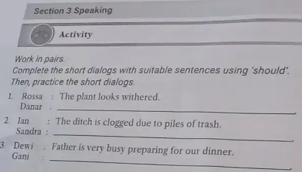 Section 3 Speaking Activity Work in pairs. Complete the short dialogs with suitable sentences using 'should". Then, practice the short dialogs. 1. Rossa: The