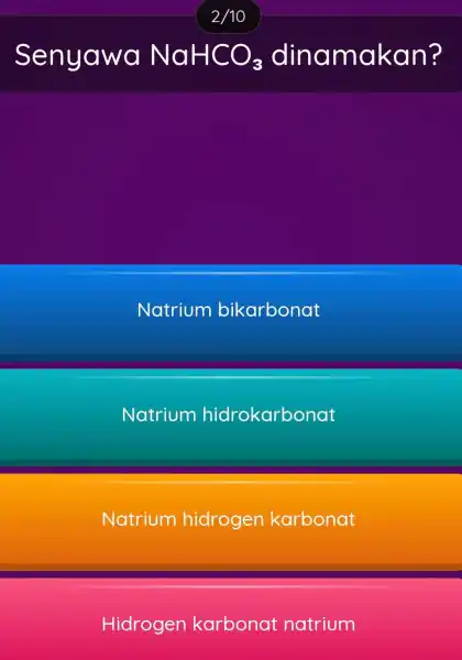 Senyawa NaHCO_(3) dinamakan? Natrium bikarbonat Natrium hidrokarbonat Natrium hidrogen karbonat Hidrogen karbonat natrium