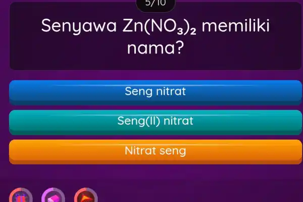 Senyawa Zn(NO_(3))_(2) memiliki nama? Seng nitrat Seng(II)nitrat Nitrat seng