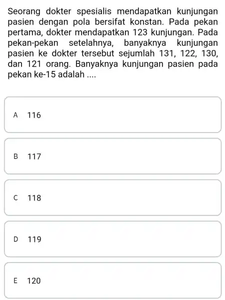 Seorang dokter spesialis mendapatkan kunjungan pasien dengan pola bersifat konstan.Pada pekan pertama, dokter mendapatkar 1123 kunjungan I. Pada pekan-pekan setelahnya,banyaknya kunjungan pasien ke dokter