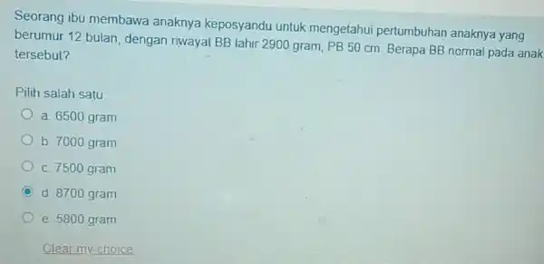 Seorang ibu membawa anaknya keposyandu untuk mengetahui pertumbuhan anaknya yang berumur 12 bulan, dengan riwayat BB lahir 2900 gram, PB 50 cm. Berapa BB