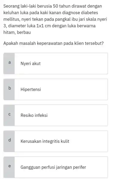 Seorang laki-laki berusia 50 tahun dirawat dengan keluhan luka pada kaki kanan diagnose diabetes mellitus, nyeri tekan pada pangkal ibu jari skala nyeri 3