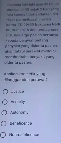 Seorang laki-laki usia 35 tahun dirawat di RS sejak 2 hari yang lalu karena tidak sadarkan diri. Hasil pemeriksaan pasien koma, TD90/50 frekuensi Nadi