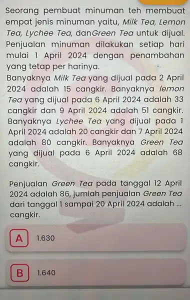 Seorang pembuat minuman teh membuat empat jenis minuman yaitu, Milk Tea, Lemon Tea, Lychee Tea.danGreer Tea untuk dijual. Penjualan minuman dilakukan setiap hari mulai