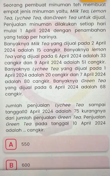 Seorang pembuat minuman teh membuat empat jenis minuman yaitu, Milk Tea, Lemon Tea, Lychee Tea danGreen Tea untuk dijual Penjualan minuman dilakukan setiap hari