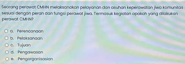 Seorang perawat CMHN melaksanakan pelayanan dan asuhan keperawatan jiwa komunitas sesuai dengan peran dan fungsi perawat jiwa. Termasuk kegiatan apakah yang dilakukan perawat CMHN?