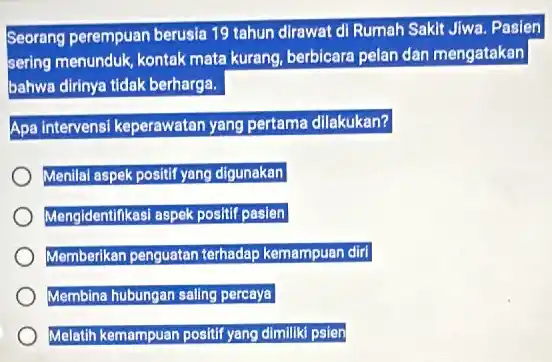 Seorang perempuan berusia 19 tahun dirawat di Rumah Sakit Jiwa. Pasien sering menunduk, kontak mata kurang, berbicara pelan dan mengatakan bahwa dirinya tidak berharga.