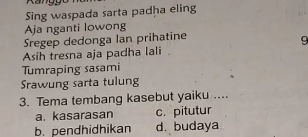 Sing waspada sarta padha eling Aja nganti lowong Sregep dedonga lan prihatine Asih tresna aja padha lali Tumraping sasami Srawung sarta tulung 3. Tema