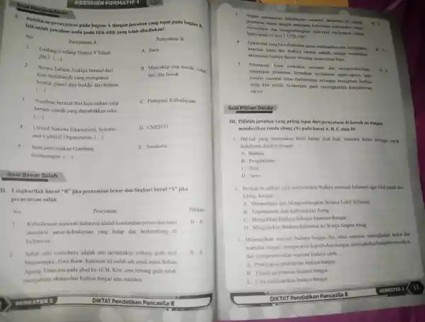 Soal Menjodoh kan Isikan lah pernyataan pada bagian A dengar jawaban yang tepat pad:bagian n Isikanlah jawaban anda pada titik-titik yan telah disediakan! No