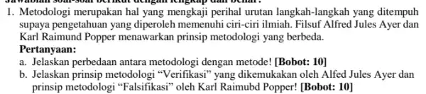 sour-soat berikut dengan Khgháp dân bchai. 1. Metodologi merupakan hal yang mengkaji perihal urutan langkah-langkah yang ditempuh supaya pengetahuan yang diperoleh memenuhi ciri-ciri ilmiah.