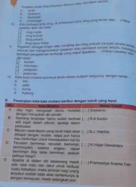 Tampilan pada blog biasanya disusun atau diurutkan secara __ a acak b. sinkronis C. deskriptif d. kronologis Ada berbagal jenis blog, di antaranya niche