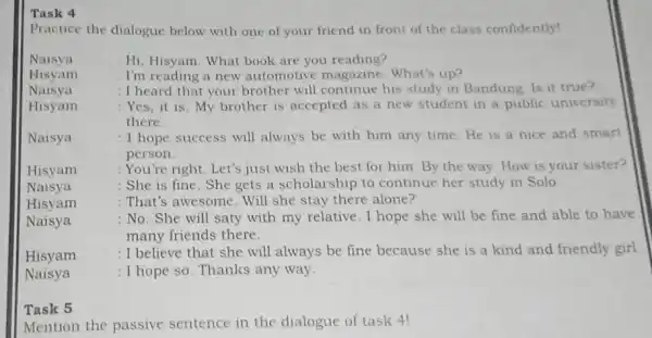 Task 4 Practice the dialogue below with one of your friend in front of the class confidently! Naisya Hisyam Hi, Hisyam. What book are