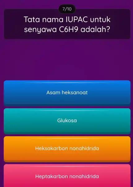 Tata nama IUPAC untuk senyawa C6H9 adalah? Asam heks anoat Glukosa Heksak carbon nonahic Irida Heptaka rbon n onahidrida