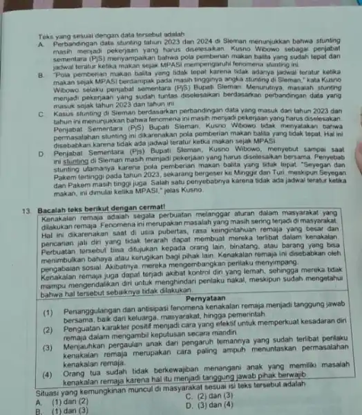 Teks yang sesuai dengan data tersebut adalah __ A. Perbandingan data stunting tahun 2023 dan 2024 di Sleman menunjukkan bahwa stunting masih menjadi pekerjaan