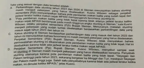 Teks yang sesuai dengan data tersebut adalah __ A Perbandingan data stumting tahun 2023 2024 di Sleman menunjukkan bahwa stunting sementara (P)S) menyampaikan bahwa