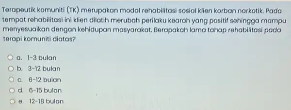 Terapeutik komuniti (TK) merupakan modal rehabilitasi sosial klien korban narkotik. Pada tempat rehabilitasi ini klien dilatih merubah perilaku kearah yang positif sehingga mampu menyesuaikan