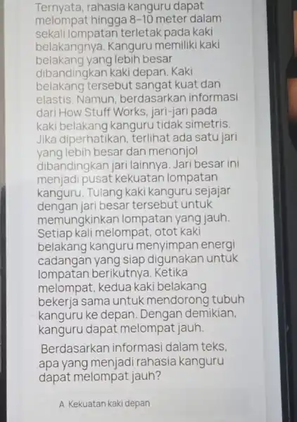 Ternyata, rahasia kanguru dapat melompat hingga 8-10 meter dalam sekali lompatar terletak pada kaki belakangnya Kanguru memiliki kaki belakang yang lebih besar dibandingkan kak