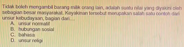 Tidak boleh mengambil barang milik orang lain.adalah suatu nilai yang diyakini oleh sebagian besar masyarakat.Keyakinan tersebut merupakan salah satu contoh dari unsur kebudayaan, bagian