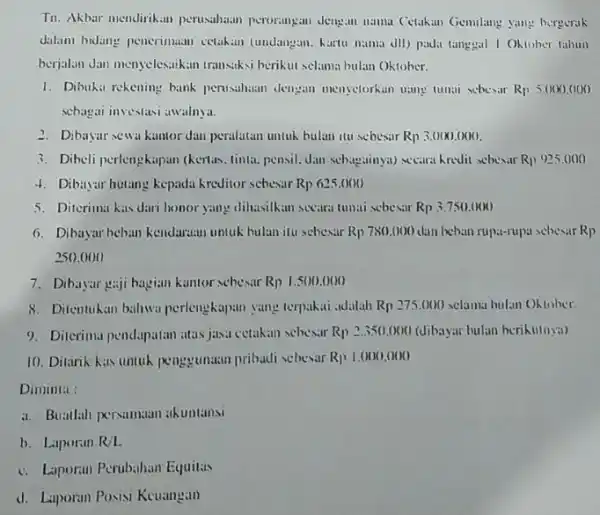 Til. Akbar mendirikian perusahaan perorangan dengan nama Cetakan Gemilang yang bergerak dalam bidang penerimaan cetakin (undangan. kartu nama dll) pada tanggal I Oktober tahun