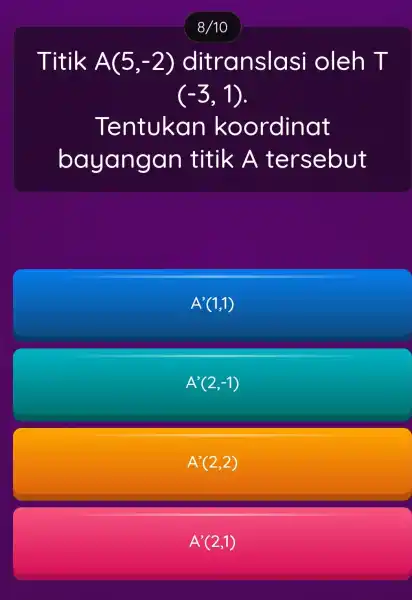 Titik A(5,-2) ditranslasi oleh T (-3,1) Tentukan koordinat bayangan titik A tersebut A'(1,1) A'(2,-1) A'(2,2)