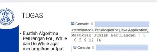 TUGAS Buatlah Algoritma Perulangan For . While dan Do While agar menampilkan output Console 23 <terminated PerulanganFor [Java Application] Masukkan Jumlah Perulangan : 5