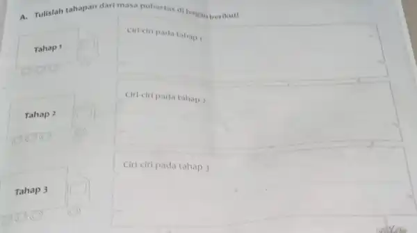 A. Tulisl h tahal an dari mas:pubertas d bagan berikut! Tahap 1 Tahap 2 Tahap 3 square square square disappointed square