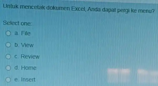 Untuk mencetak dokumen Excel Anda dapat pergi ke menu? Select one: a. File b. View c. Review d. Home e. Insert