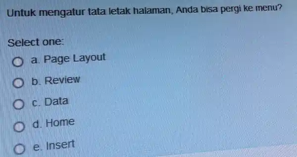 untuk mengatur tata letak halaman Anda bisa pergi ke menu? Select one: a. Page Layout b. Review c. Data d. Home e. Insert