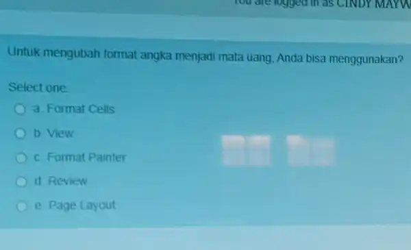 Untuk mengubah format angka menjadi mata uang Anda bisa menggunakan? Select one: a. Format Cells b. View c. Format Painter d. Review e. Page