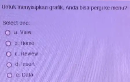 Untuk menyisipkan grafik Anda bisa pergi ke menu? Select one: a. View b. Home c. Review d. Insert e. Data