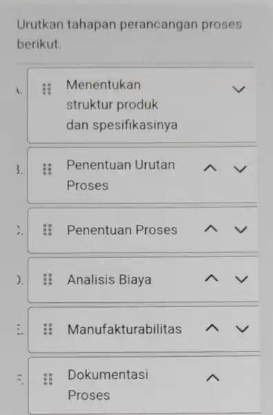 Urutkan tahapan perancangan proses berikut. 1. Menentukan struktur produk dan spesifikasinya 3. Penentuan Urutan Proses Penentuan Proses ). Analisis Biaya = Dokumentasi Proses