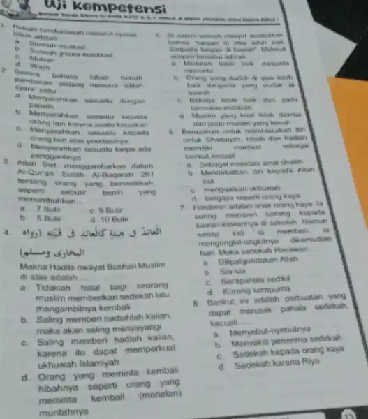 us kempetensi A. C. afraid, at aepen jawaban yang Puting popul 1 Hukum berhadaqah menurut syariat Isiam adalah __ a Sunnah muakad b Sunnah