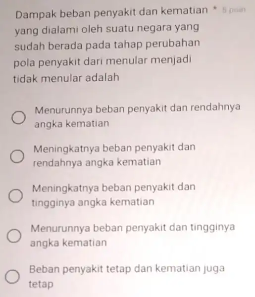 yang dialami oleh suatu negara yang sudah berada pada tahap perubahan pola penyakit dari menular menjadi tidak menular adalah Menurunnya beban penyakit dan rendahnya