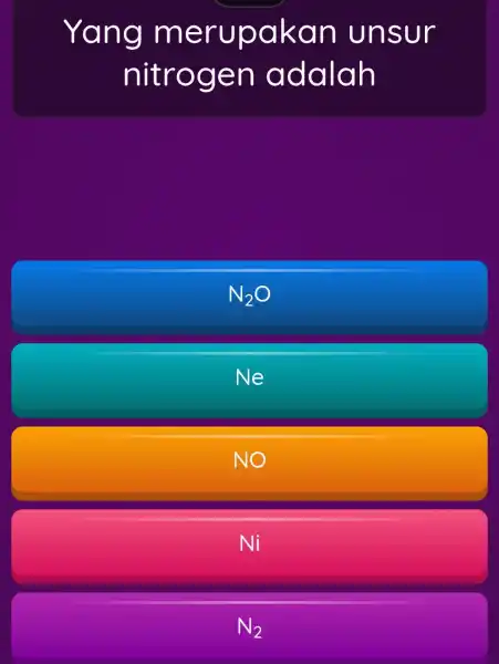Yang merupakan unsur nitrogen adalah N_(2)O Ne NO Ni N_(2)