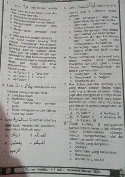 - Yes lafal tersebut adalah Milah satu perintah dalam surah An- 9 yaitu agar kitalan __ a Bekerja keraar kita luarga b. Menjaga eras