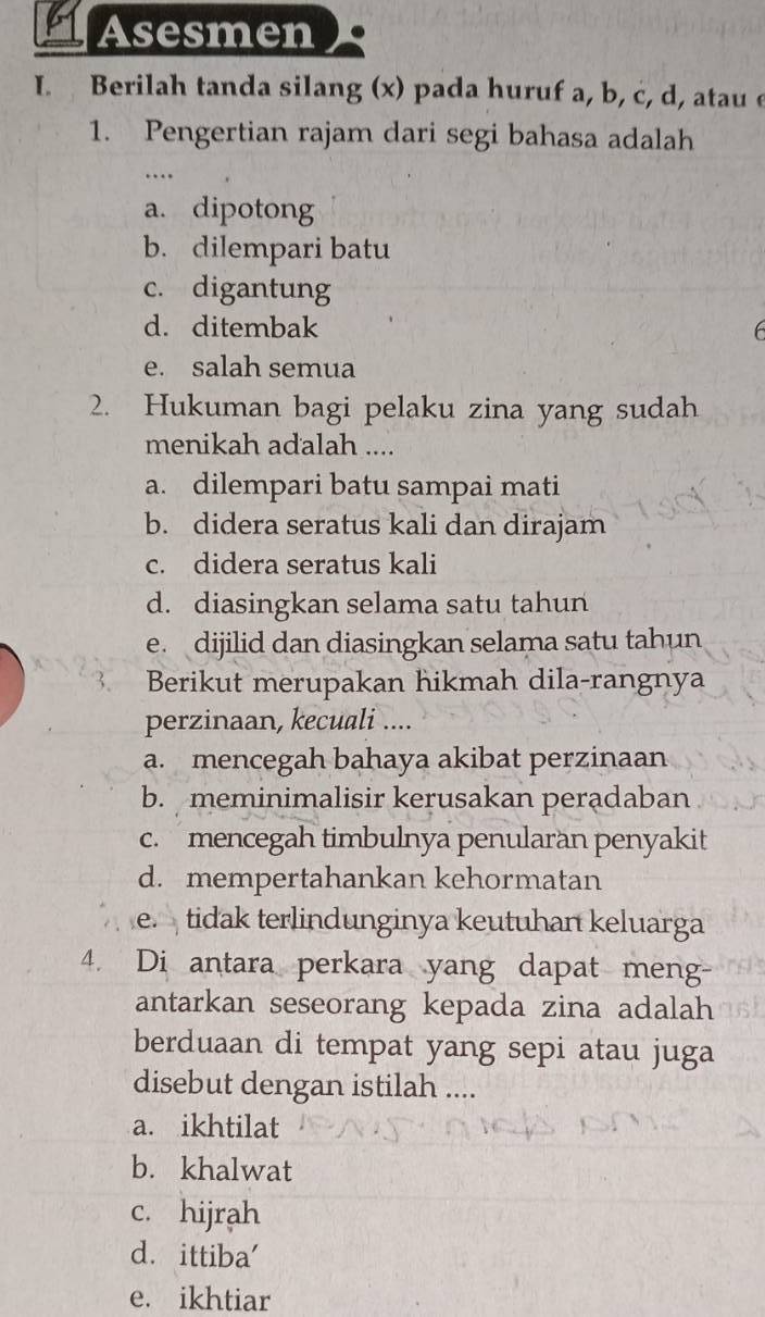 Asesmen : I. Berilah Tanda Silang (x) Pada Huruf A,b,c,d , Atau ...