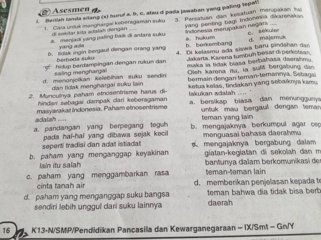 (라) Asesmen R > Berilah Tanda Silang (x) Huruf A,b,c , Atau D Pada ...