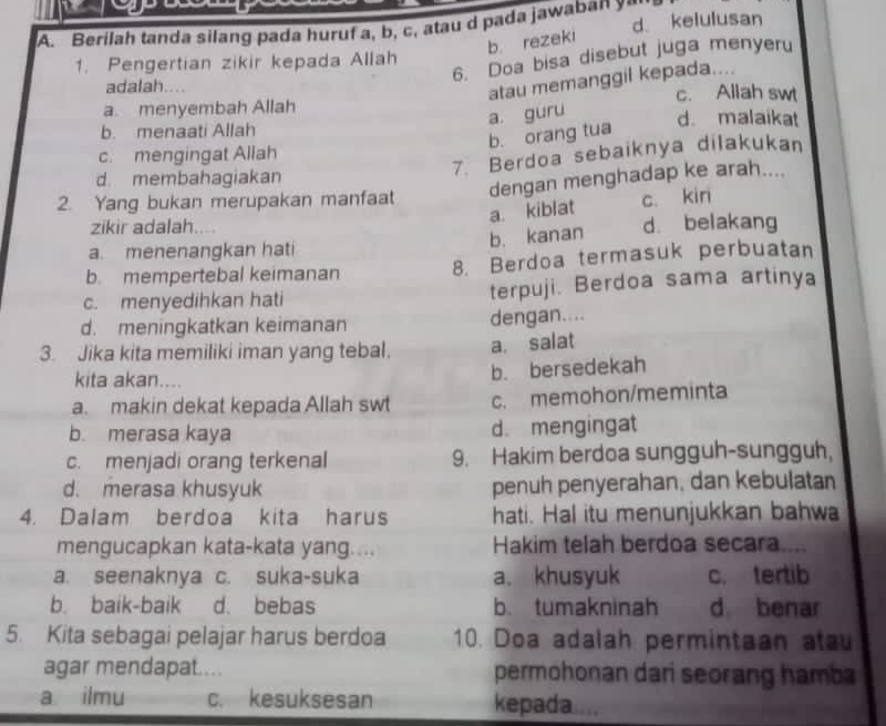 A. Berilah Tanda Silang Pada Huruf A, B, C, Atau D Pada Jawaban D ...