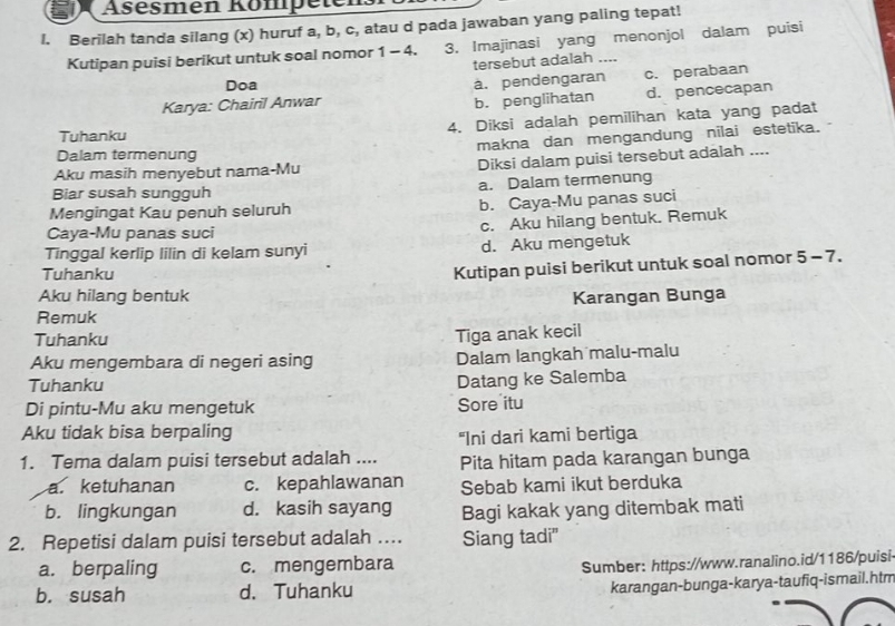 Berilah Tanda Silang (x) Huruf A,b,c , Atau D Pada Jawaban Yang Paling ...